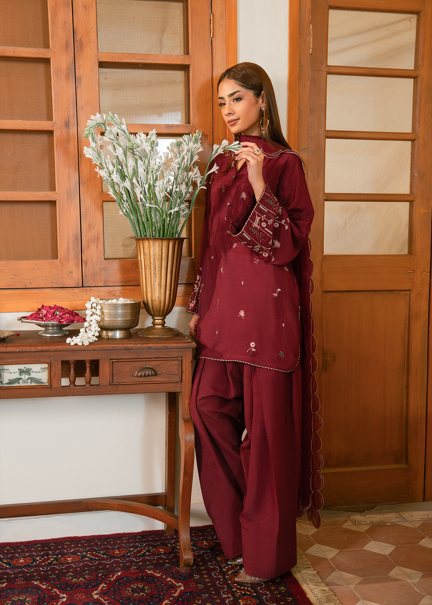 Maroon Raw Silk Suit