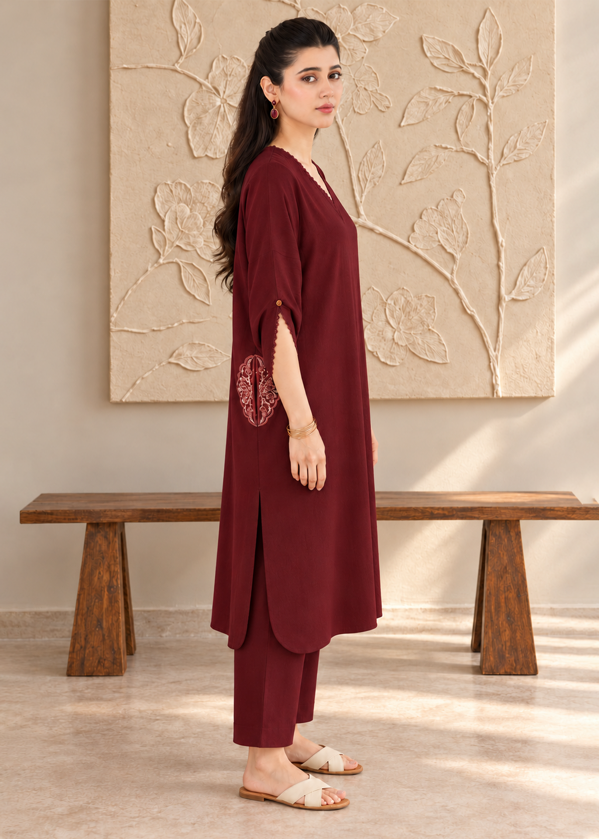 Maroon Embroidered Karandi 2 PC Suit