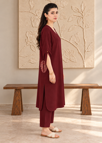 Maroon Embroidered Karandi 2 PC Suit