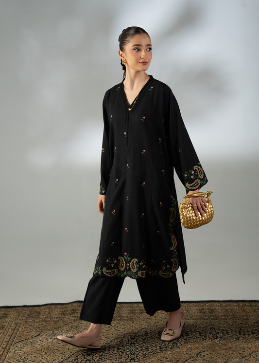 Embroidered Black Khaddar Suit - Long