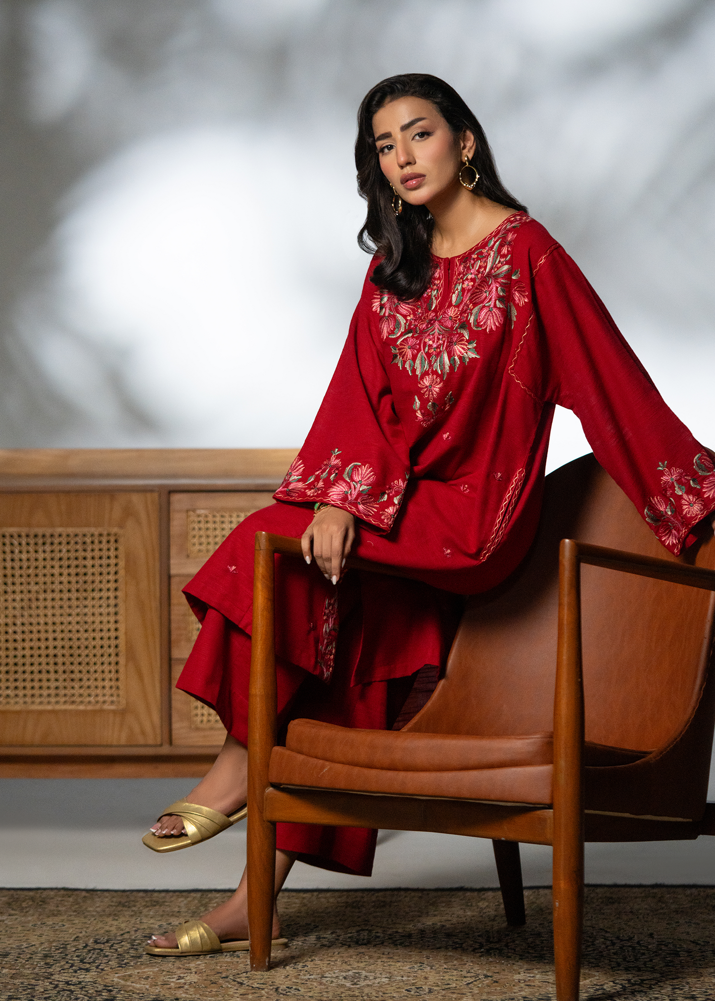 Embroidered Red Khaddar Suit