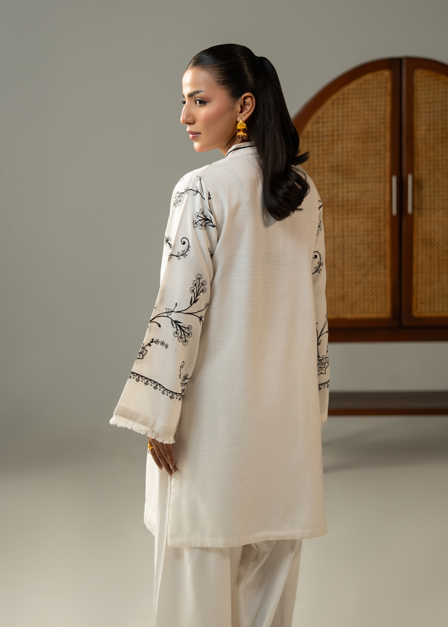 White and black embroidered Dhanak Suit