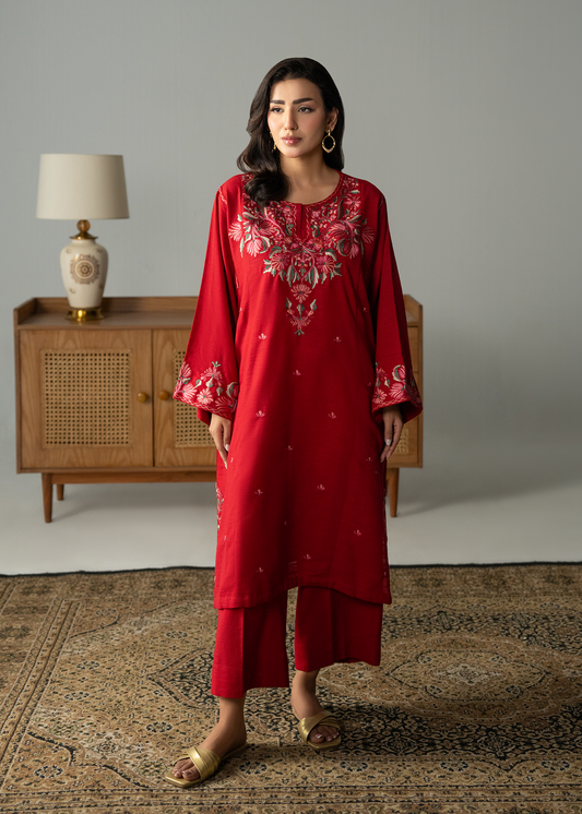 Embroidered Red Khaddar Suit