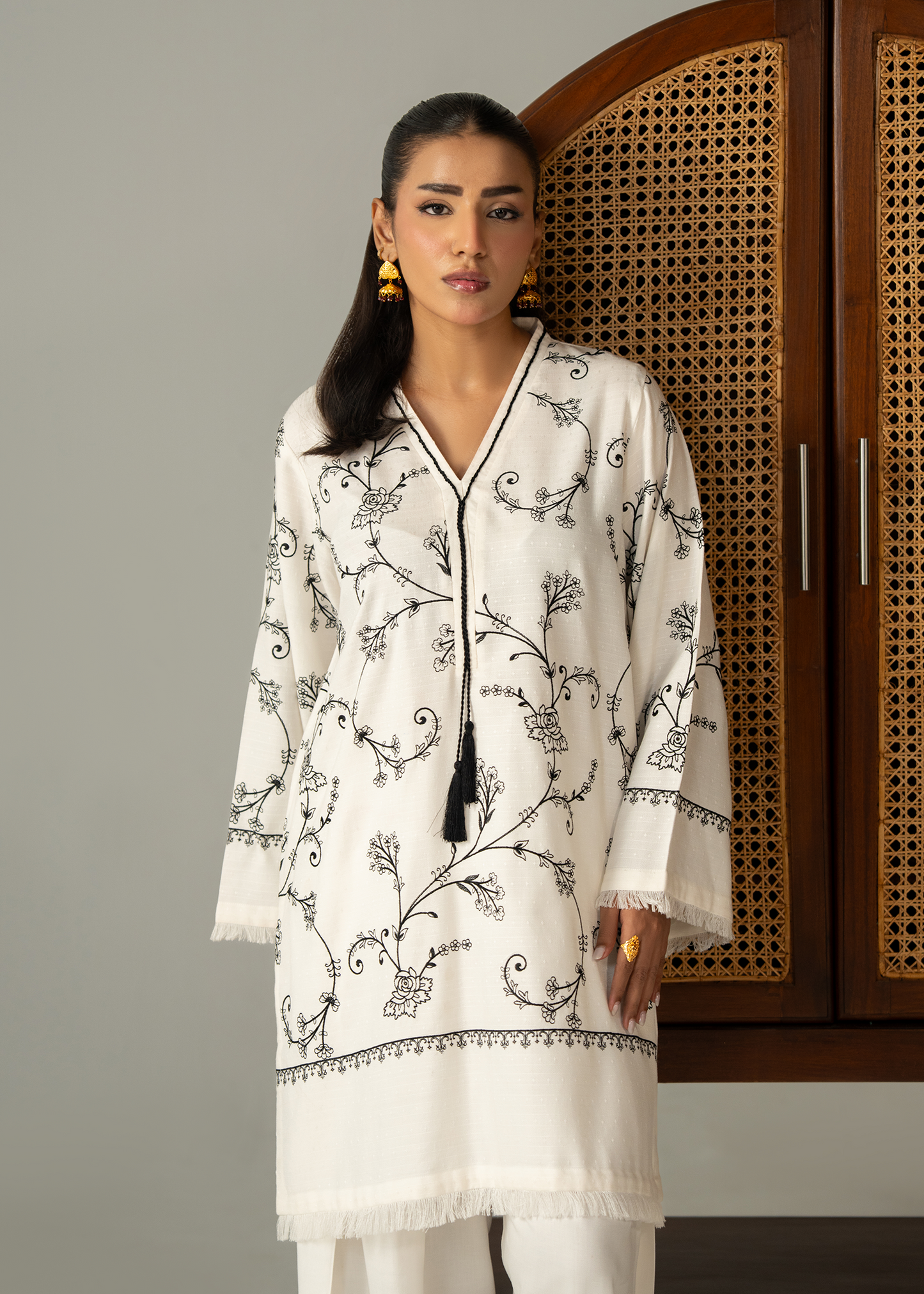 White and black embroidered Dhanak Suit