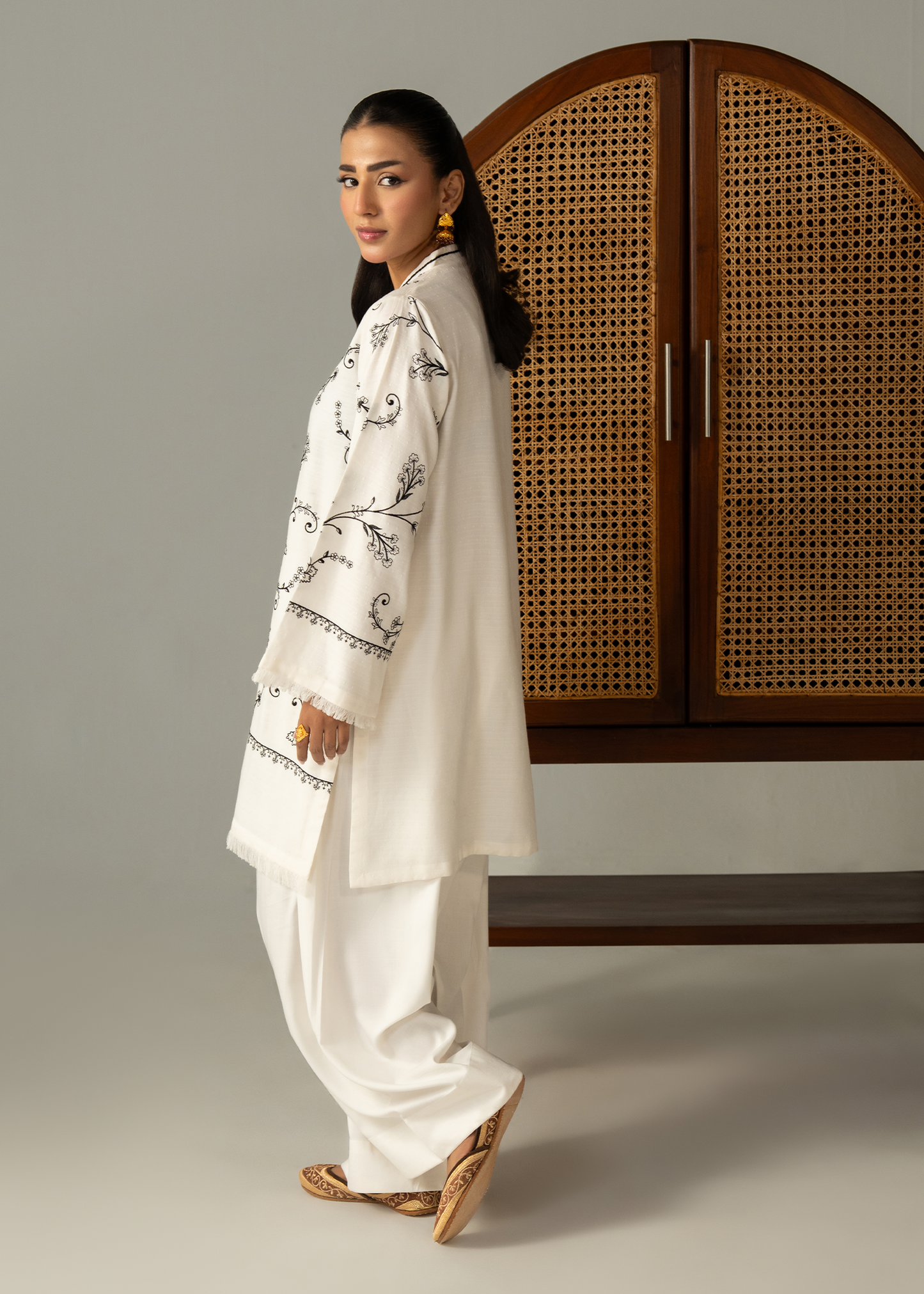 White and black embroidered Dhanak Suit