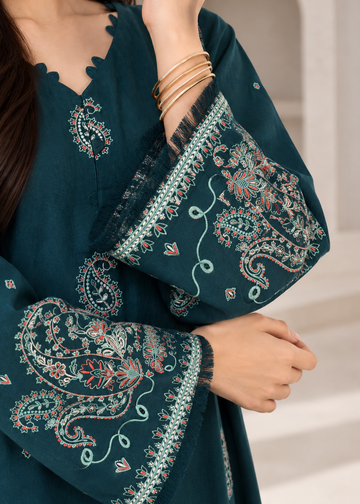 Teal Green Embroidered Karandi 2 PC Suit