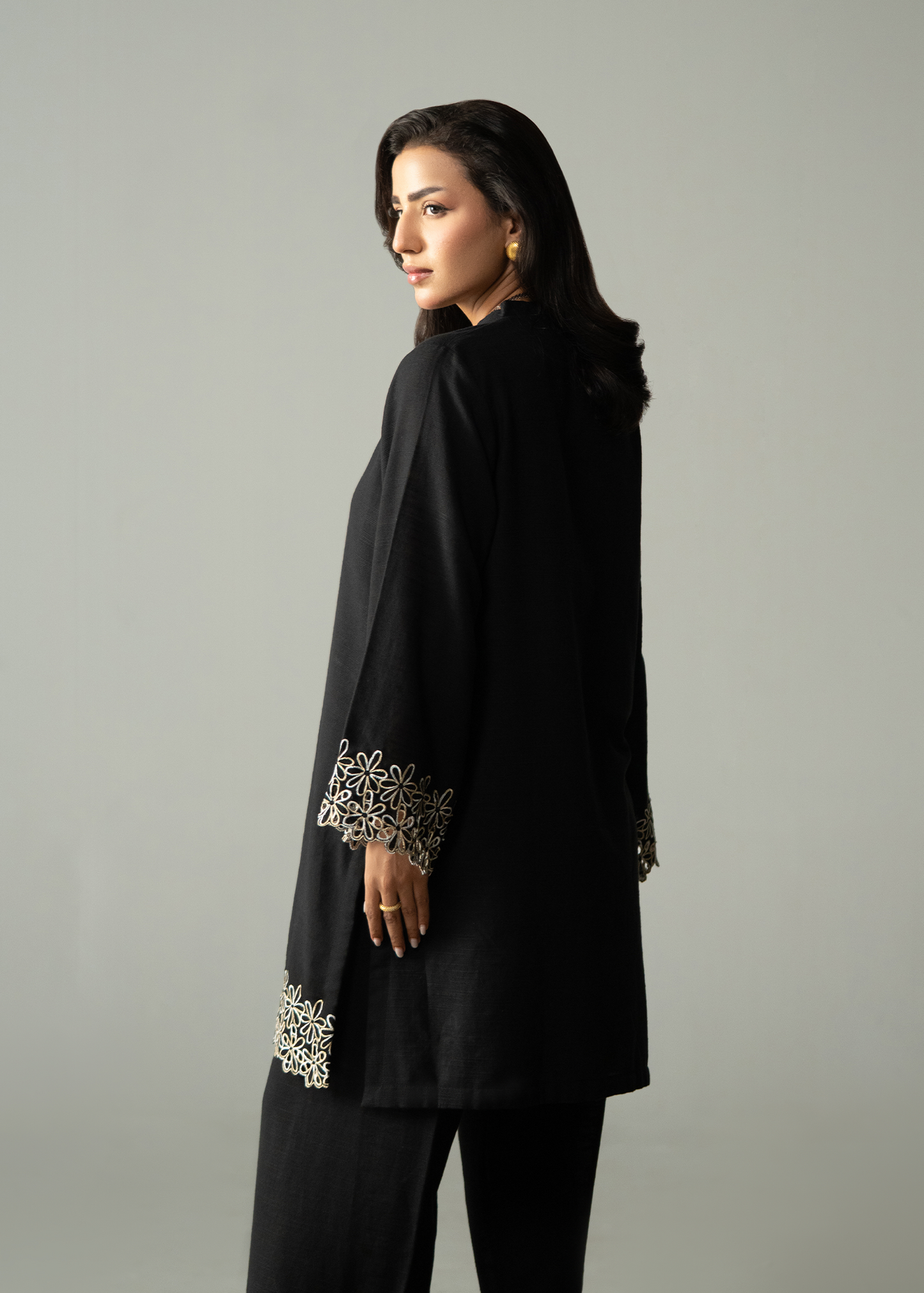 Embroidered Black Khaddar Suit - Short