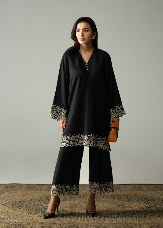 Embroidered Black Khaddar Suit - Short