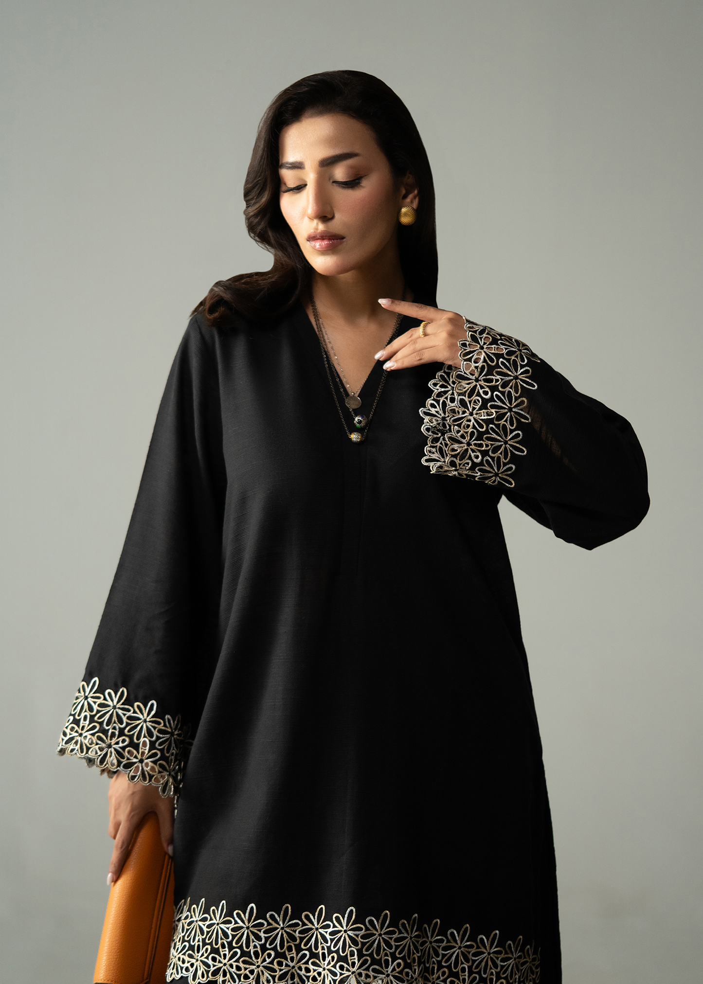 Embroidered Black Khaddar Suit - Short