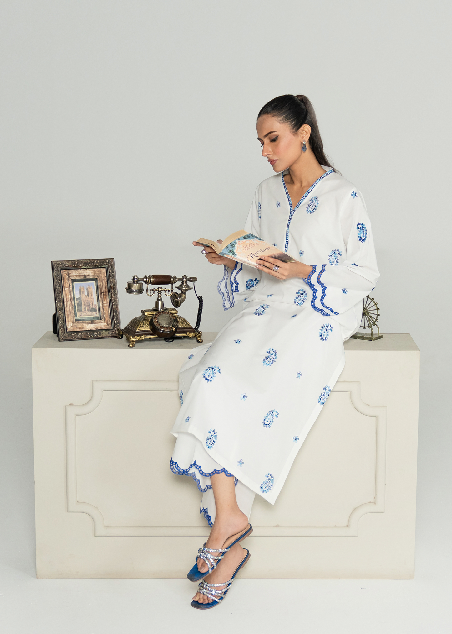White and Blue Embroidered Suit