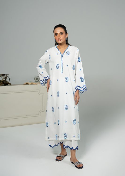 White and Blue Embroidered Suit
