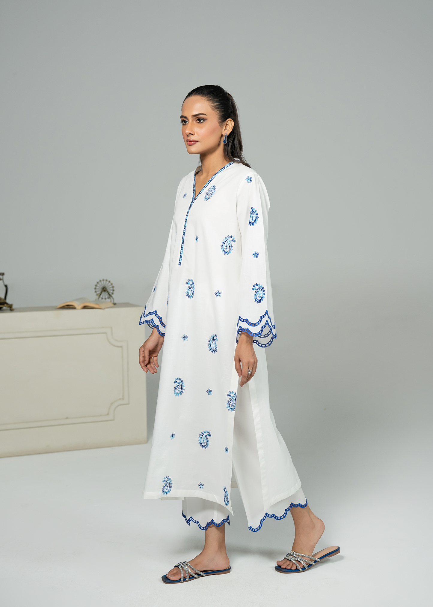 White and Blue Embroidered Suit