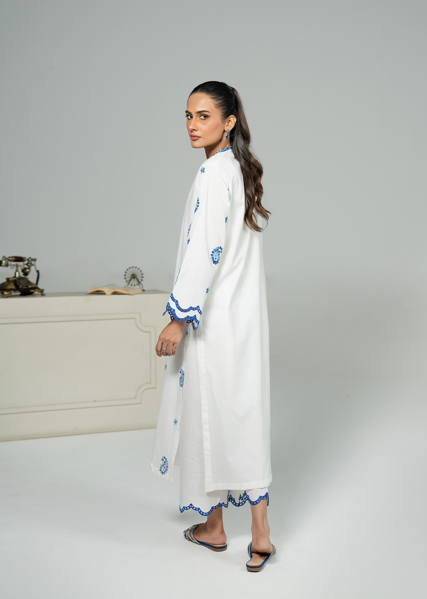 White and Blue Embroidered Suit