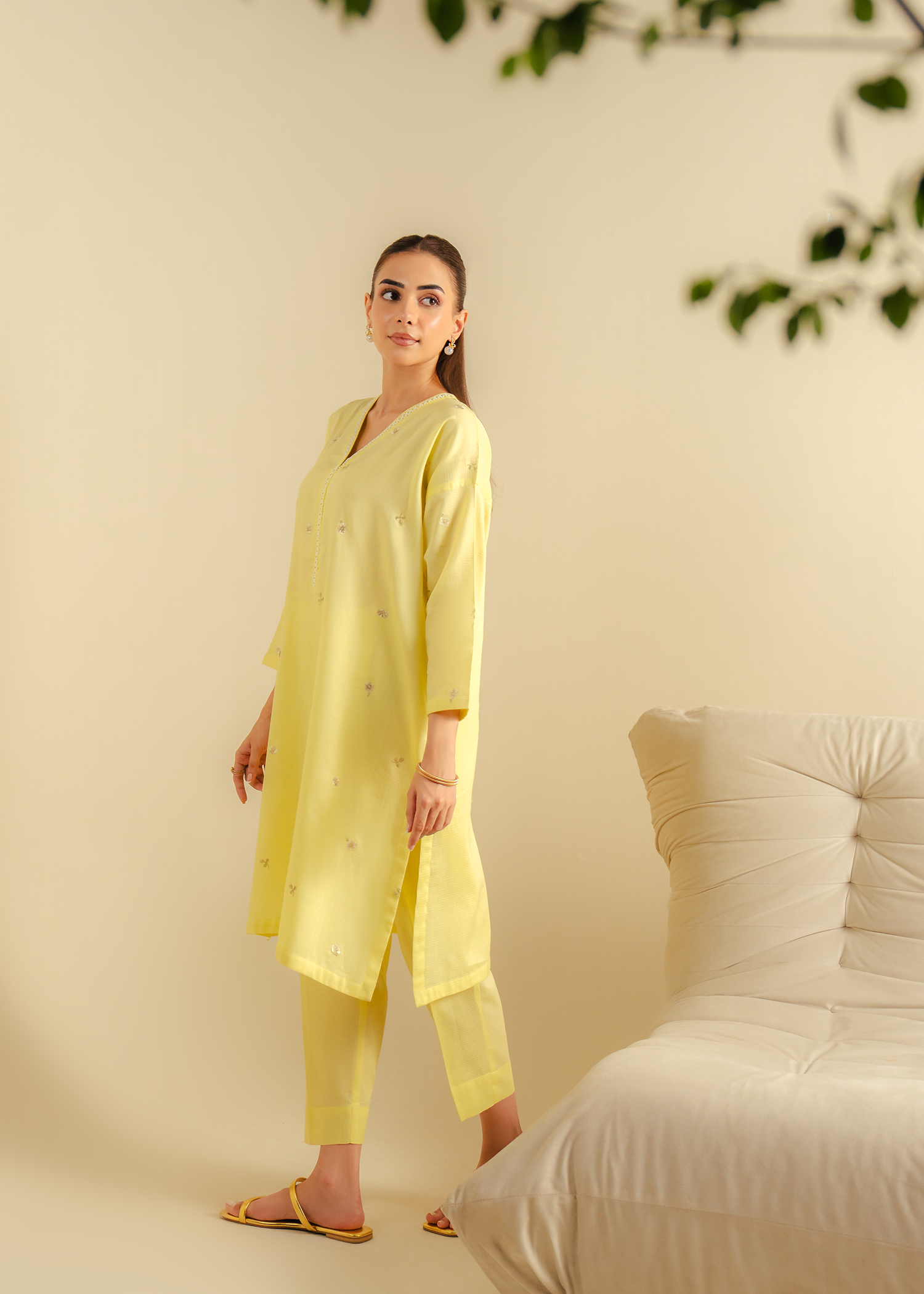 Lemon Yellow Embroidered Suit