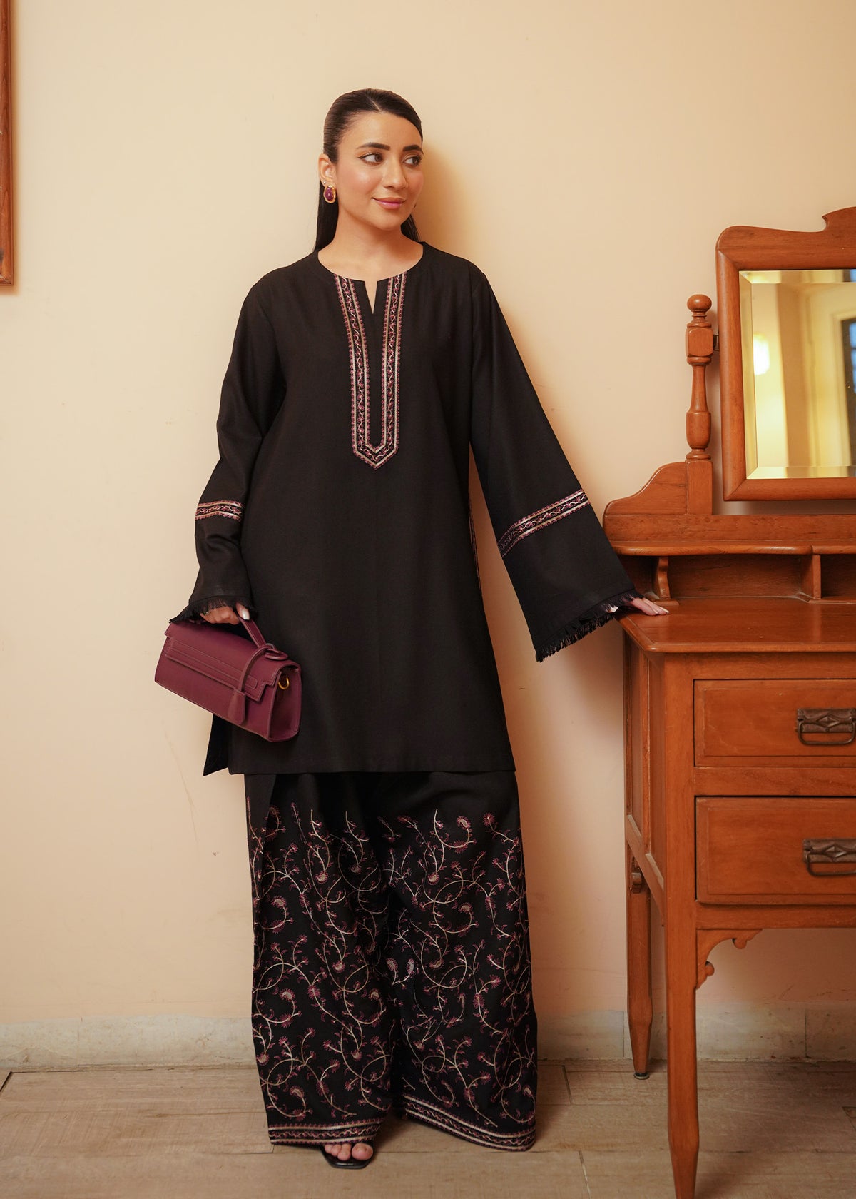 Black Embroidered Marina 2 PC Suit