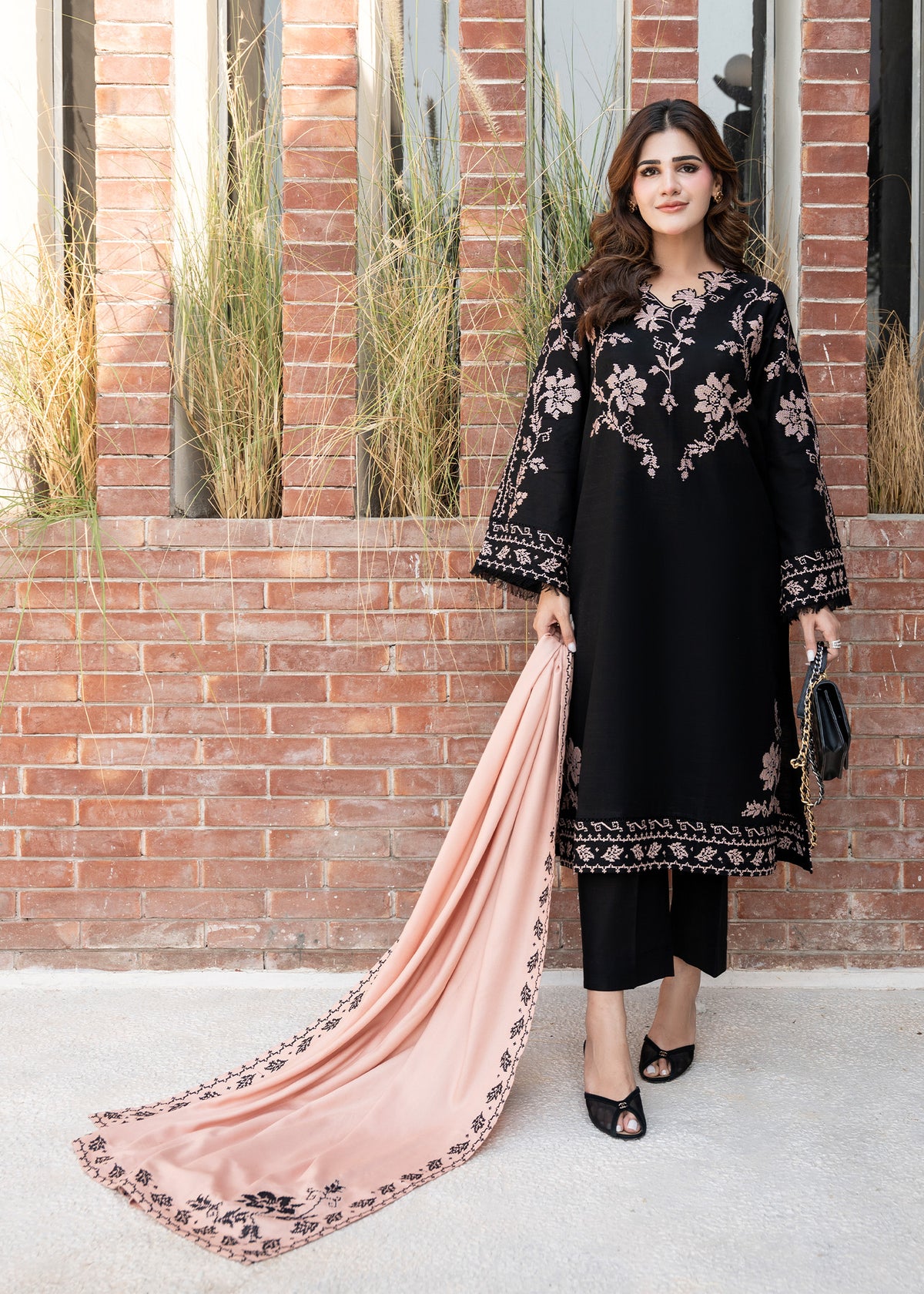 Peach Embroidered Wool Shawl