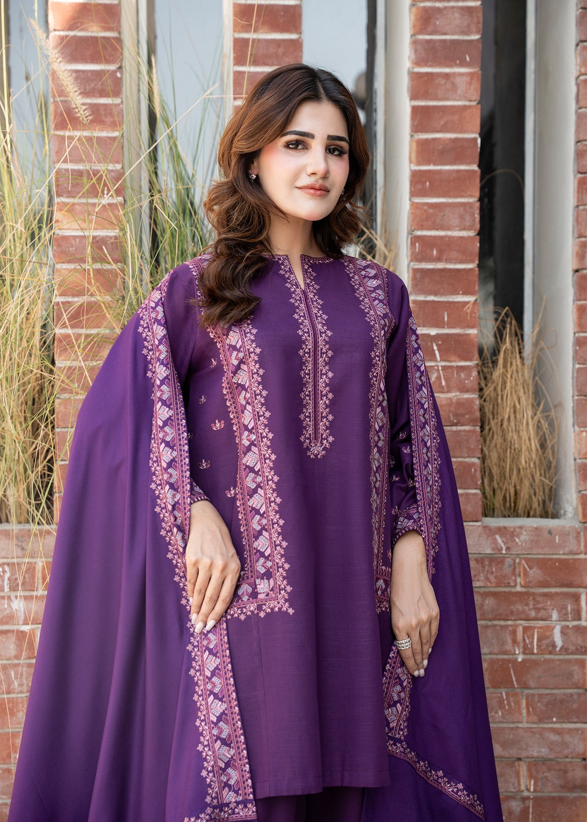 Plum Purple Embroidered Khaddar Suit