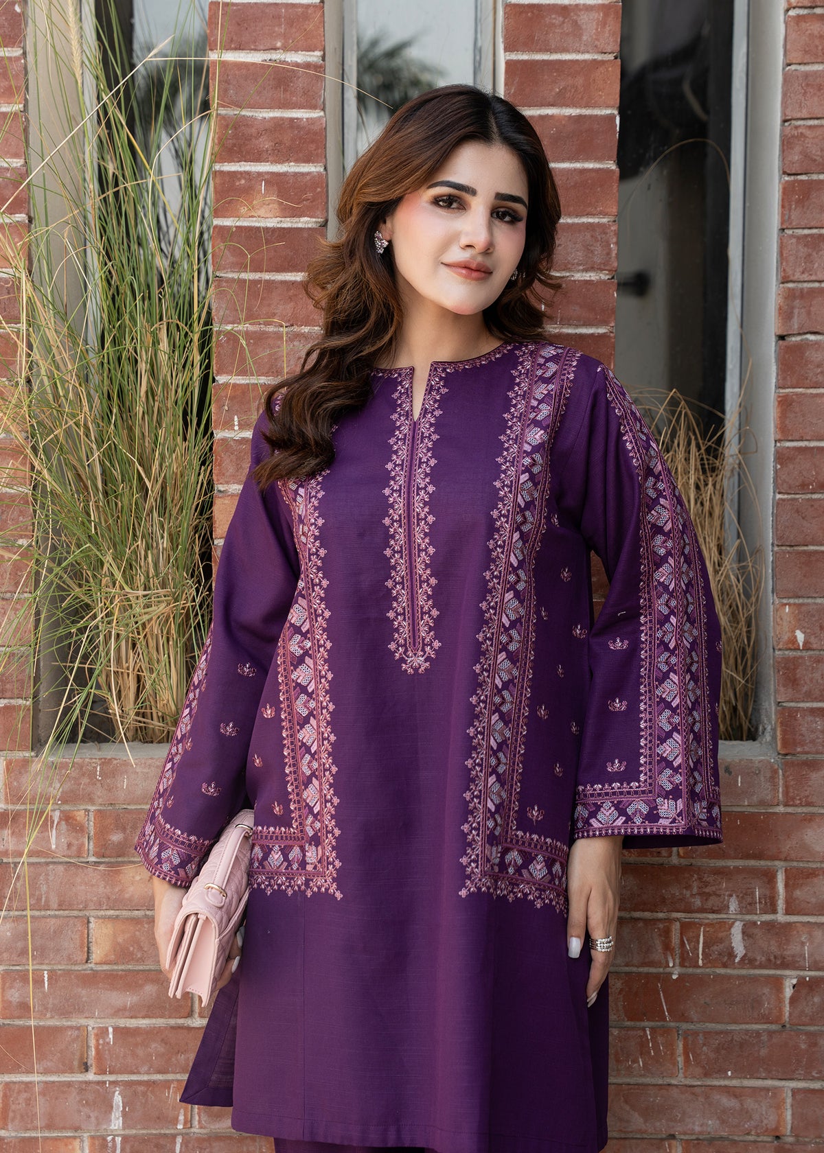 Plum Purple Embroidered Khaddar Suit