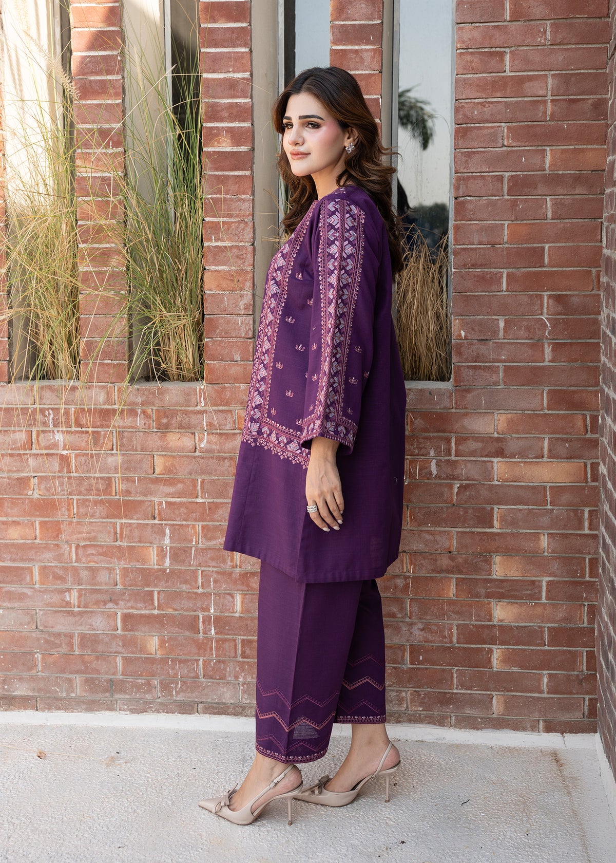 Plum Purple Embroidered Khaddar Suit