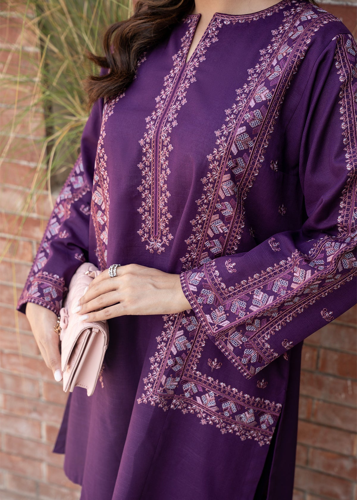Plum Purple Embroidered Khaddar Suit