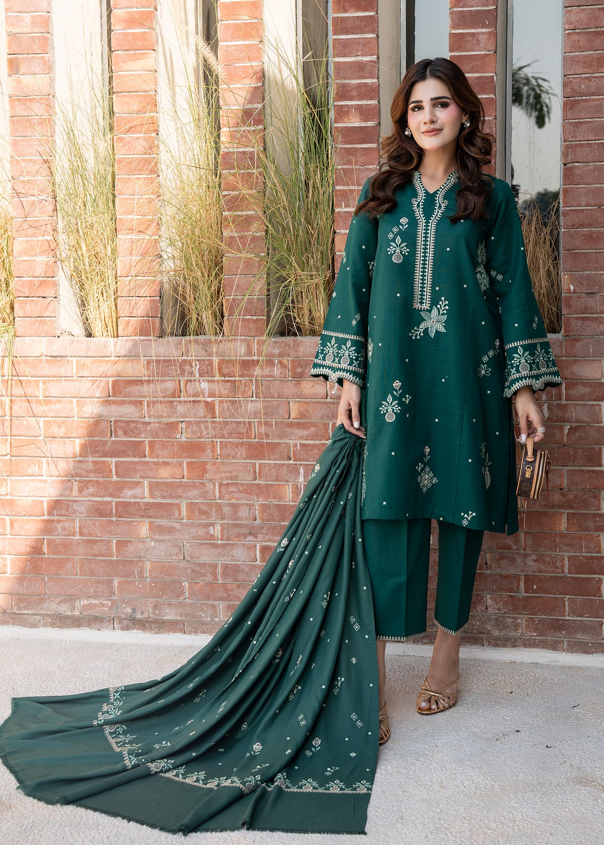 Bottle Green Embroidered Khaddar Suit
