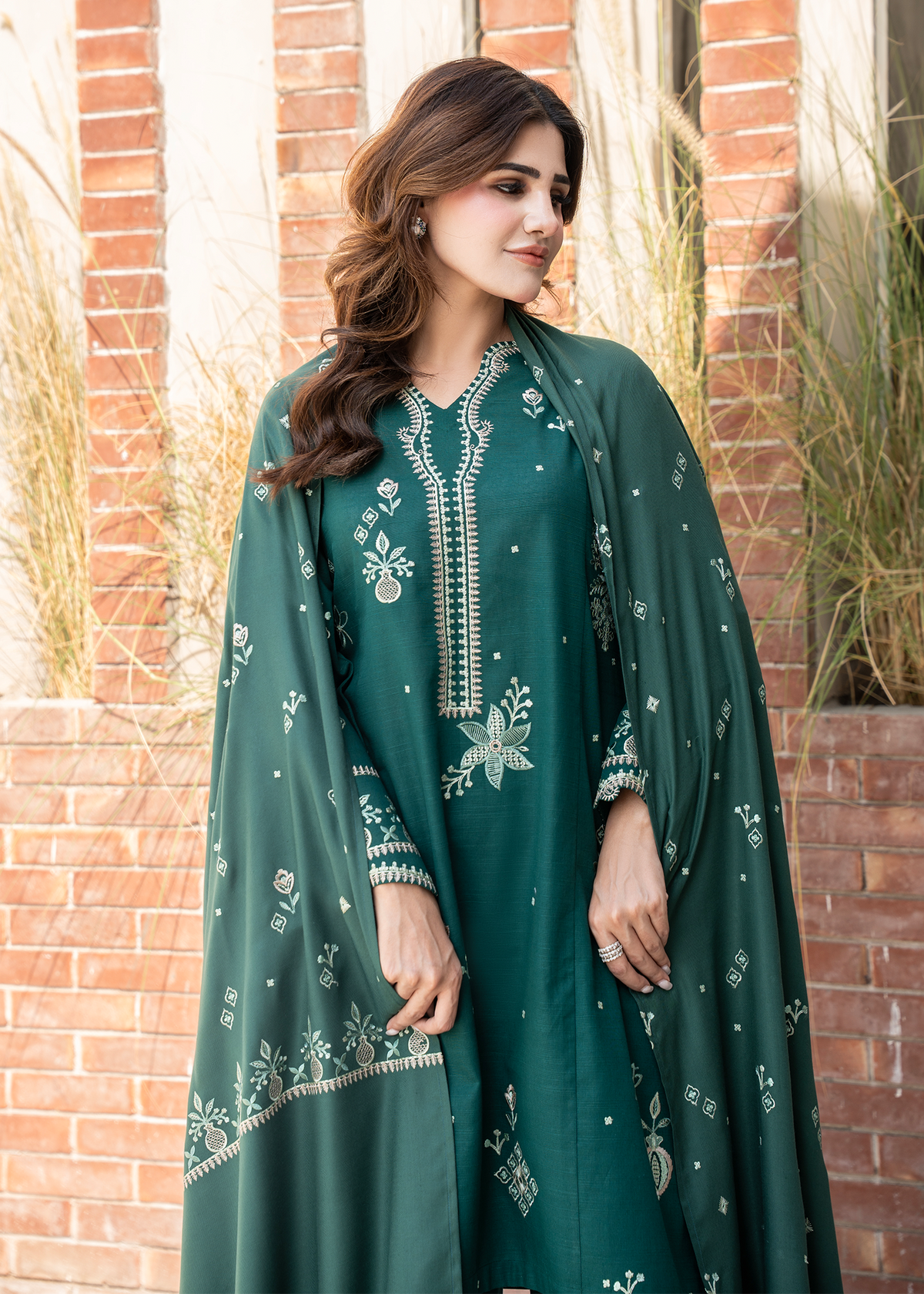Green Embroidered Wool Shawl