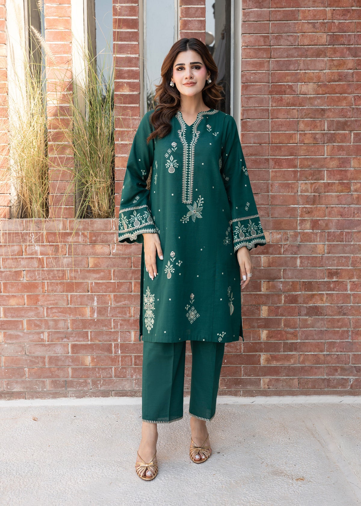 Bottle Green Embroidered Khaddar Suit