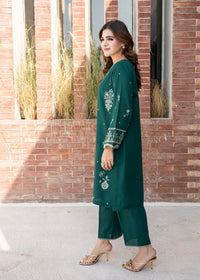 Bottle Green Embroidered Khaddar Suit