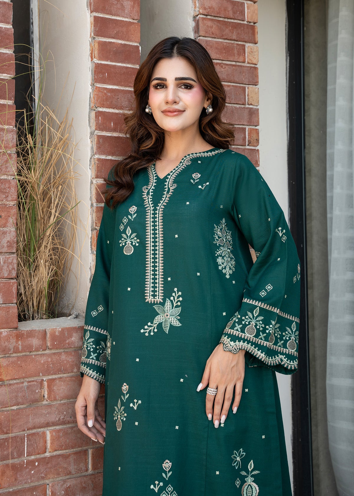 Bottle Green Embroidered Khaddar Suit