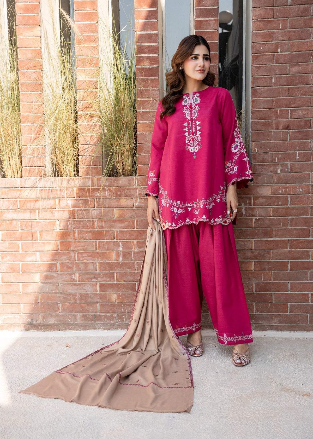 Raspberry Pink Embroidered Khaddar Suit