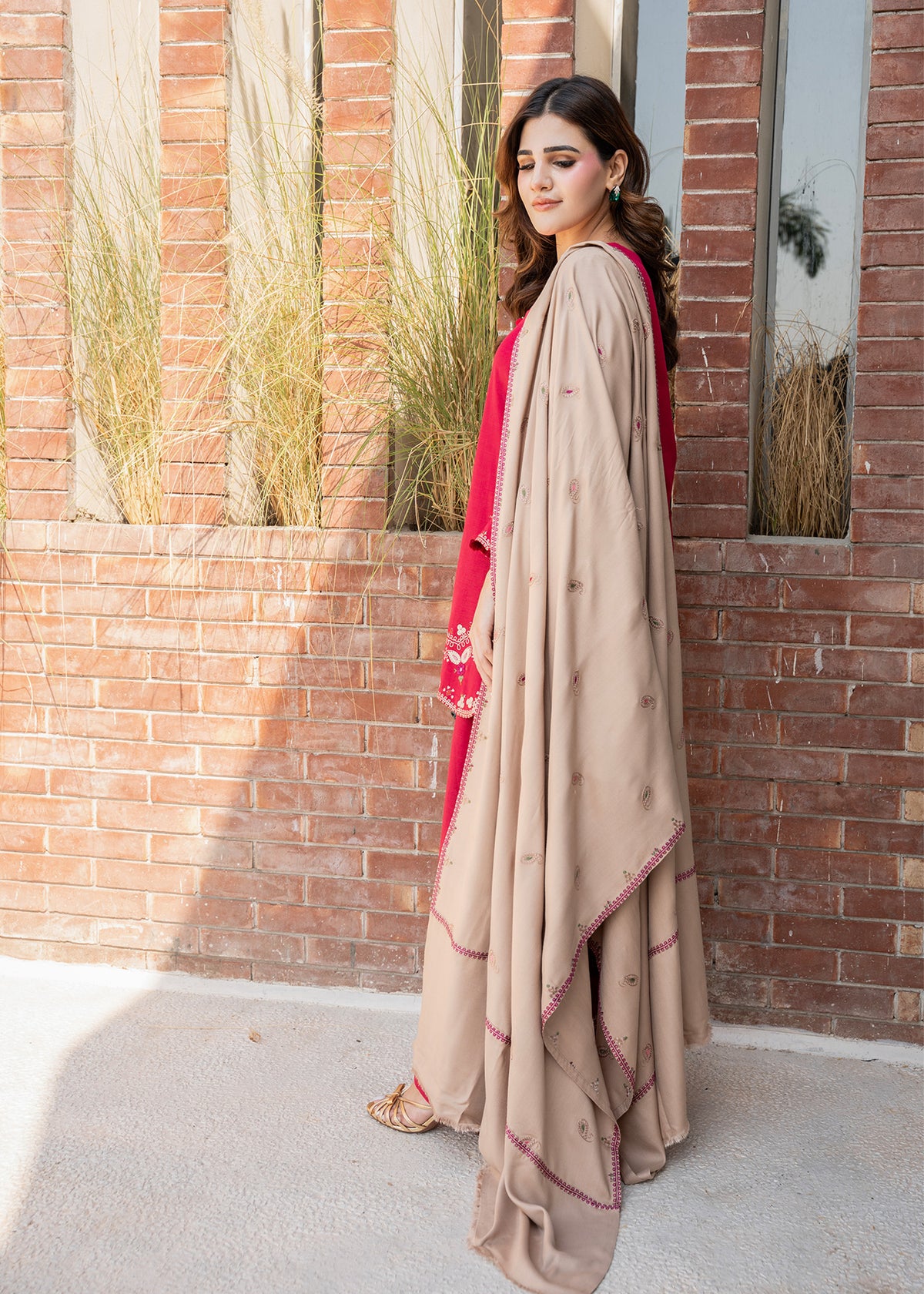 Raspberry Pink Embroidered Khaddar Suit