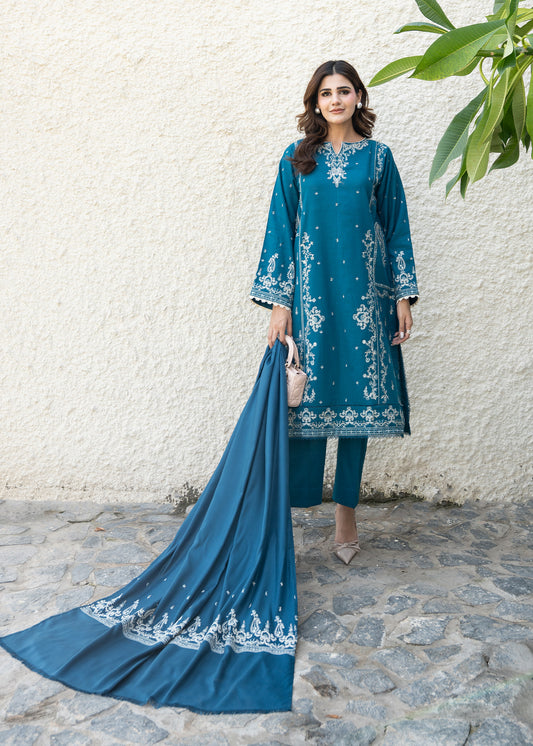 Teal Blue Embroidered Khaddar Suit