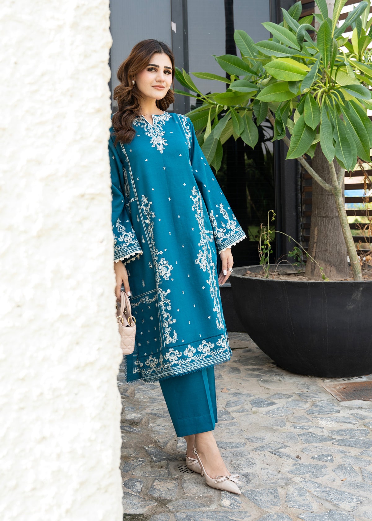 Teal Blue Embroidered Khaddar Suit