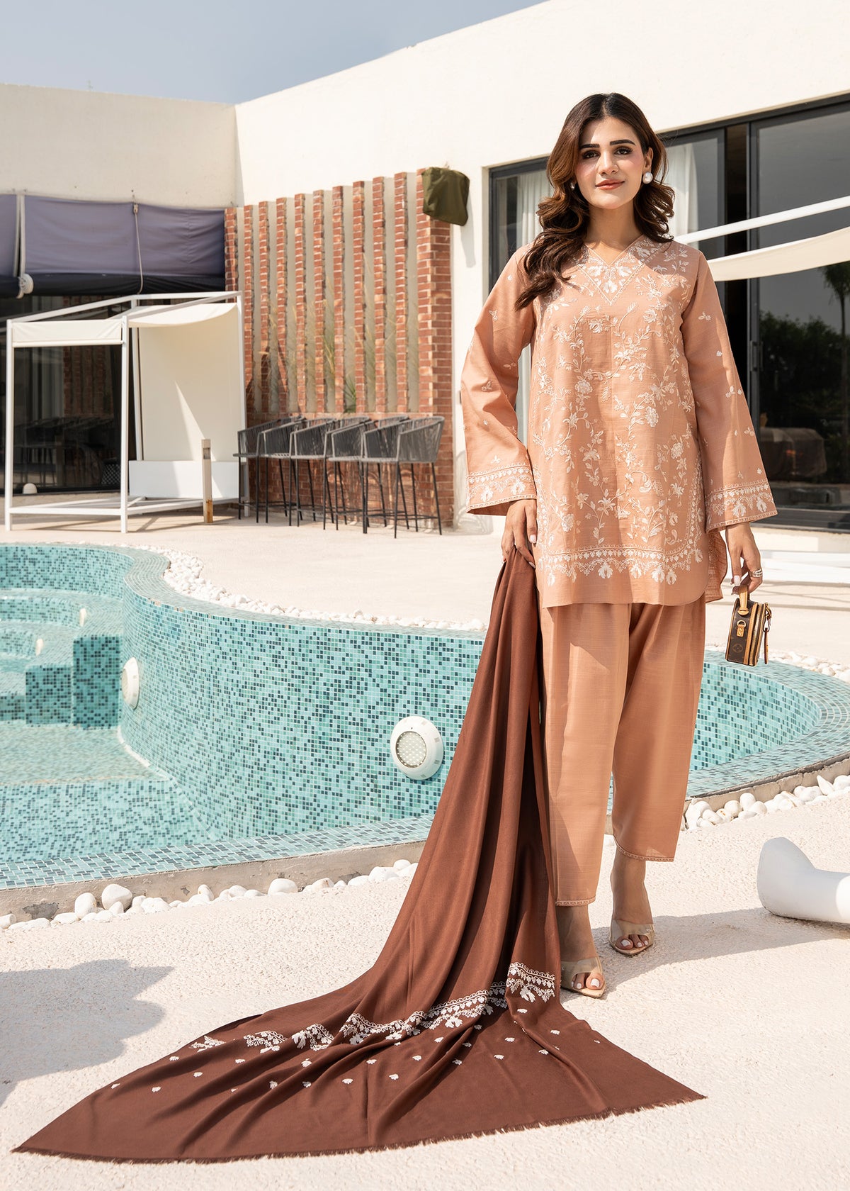 Brown Embroidered Wool Shawl