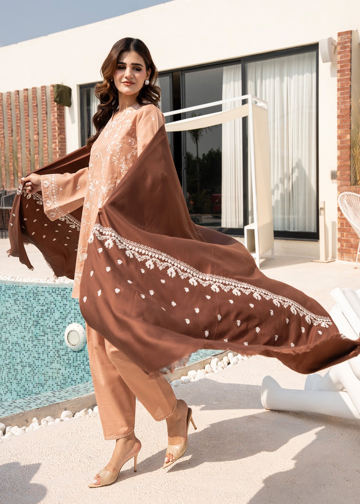 Brown Embroidered Wool Shawl