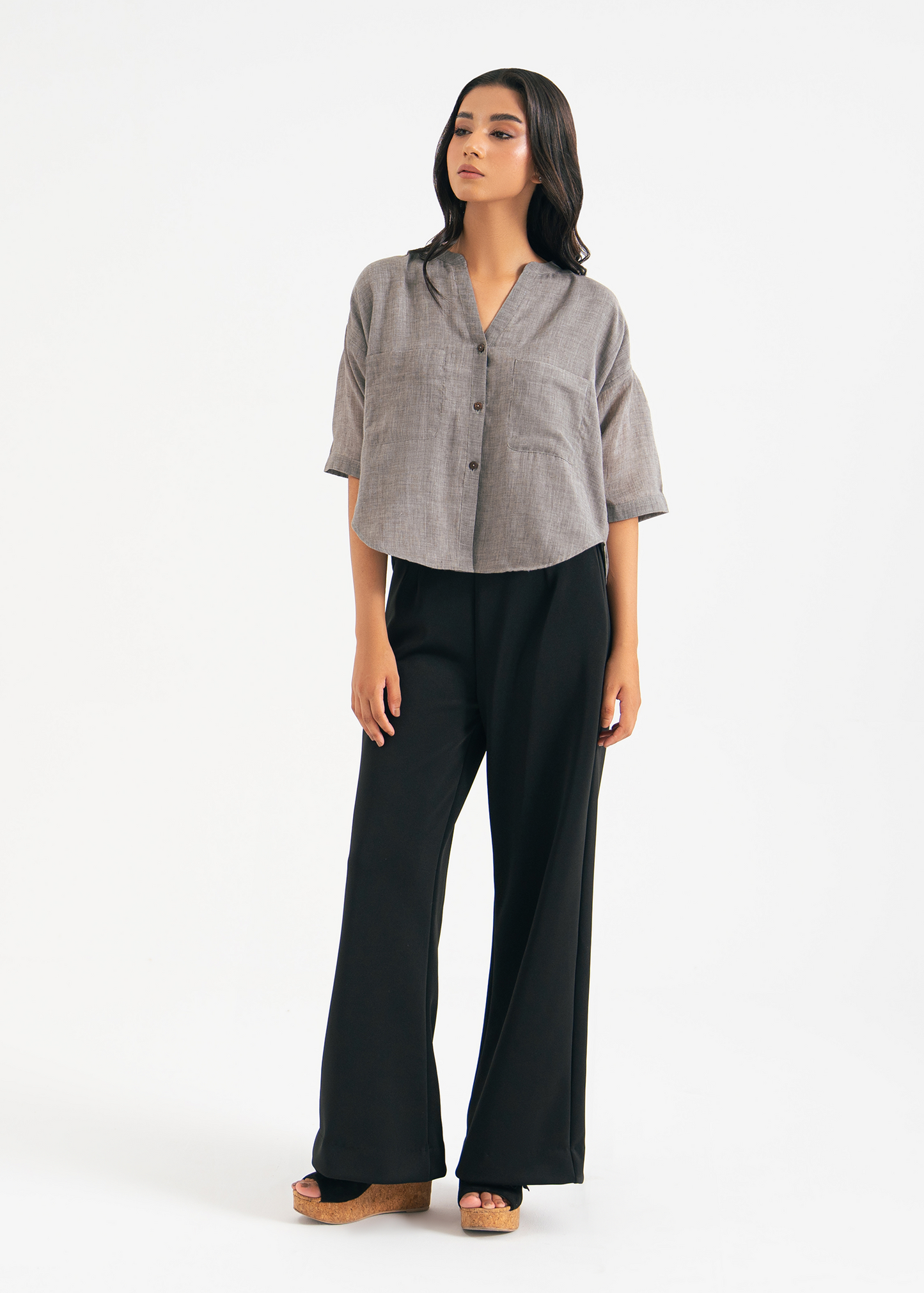 Grey Cropped Button Down