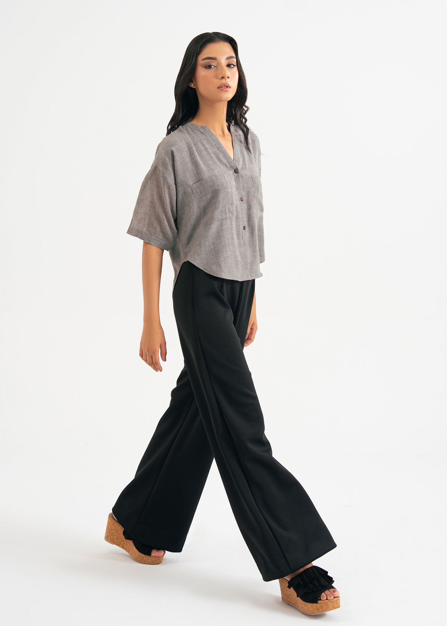 Grey Cropped Button Down