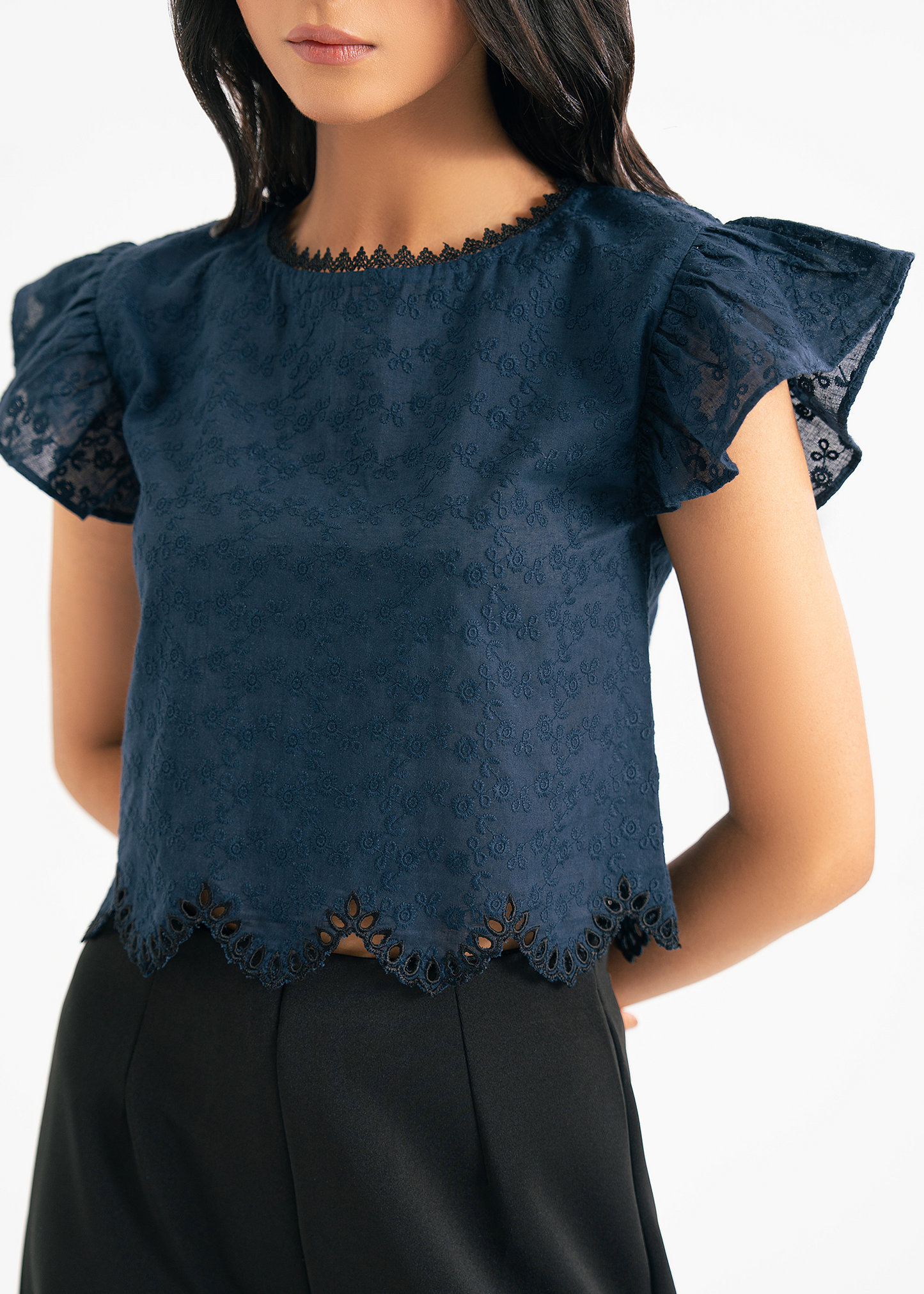 Navy Blue Embroidered Top