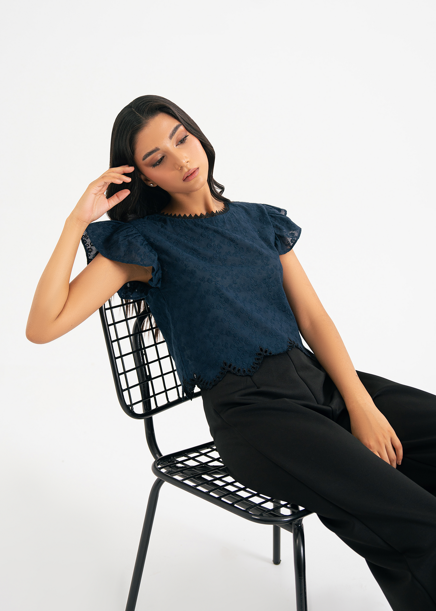 Navy Blue Embroidered Top