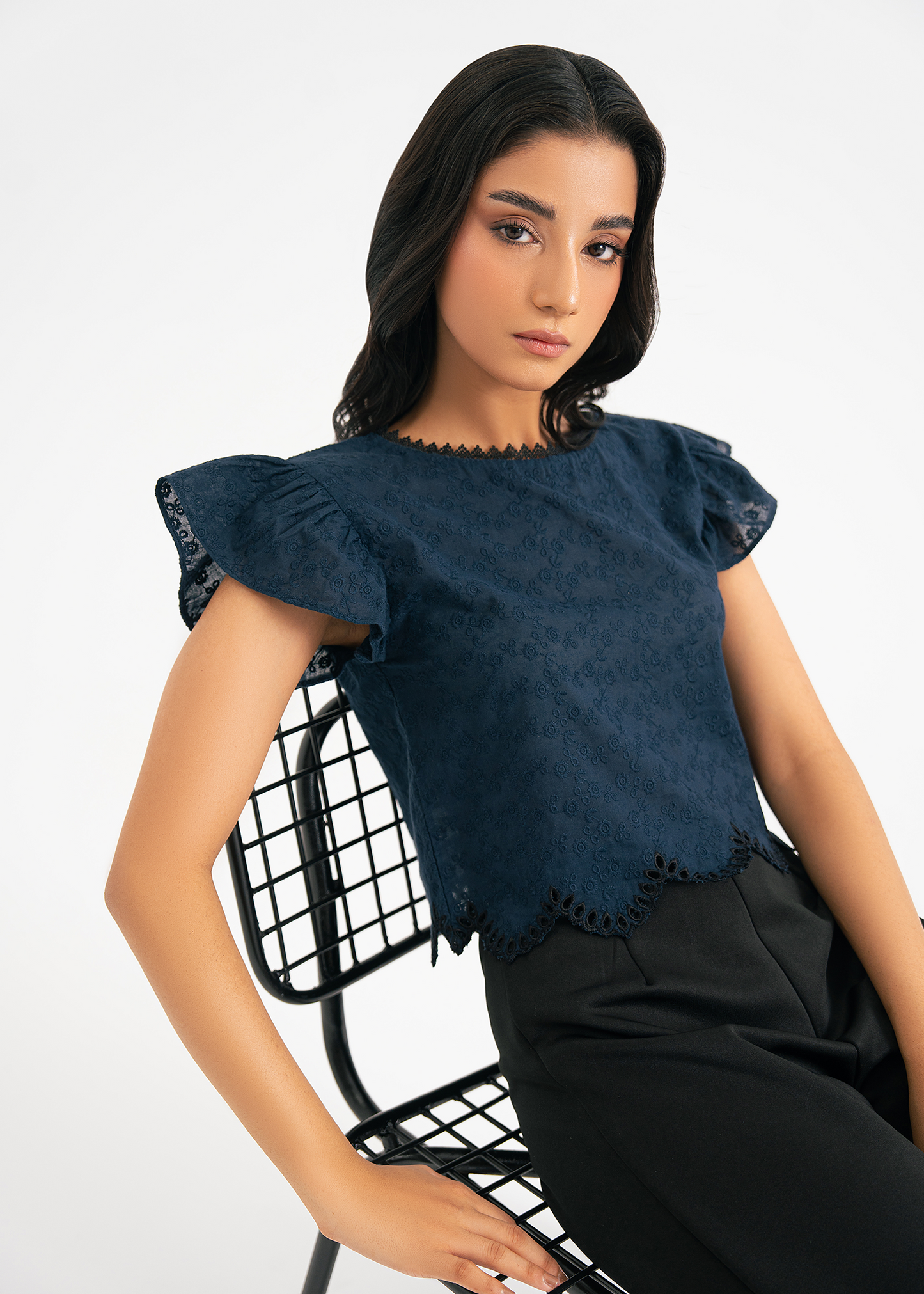 Navy Blue Embroidered Top