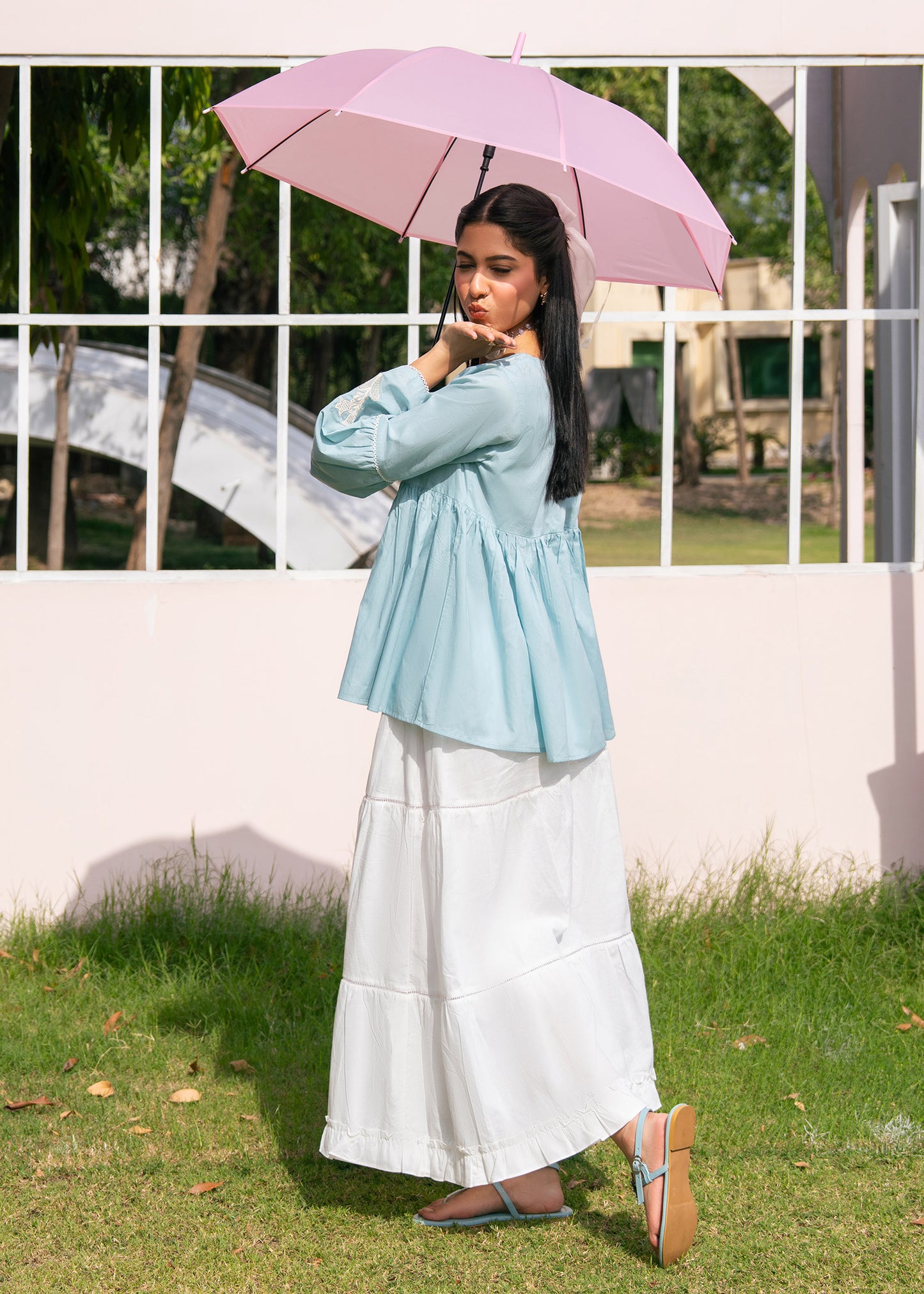 Sky Blue Embroidered Skirt Suit