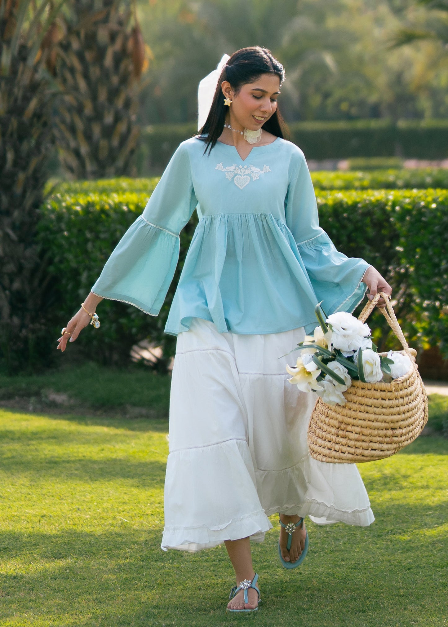Sky Blue Embroidered Skirt Suit