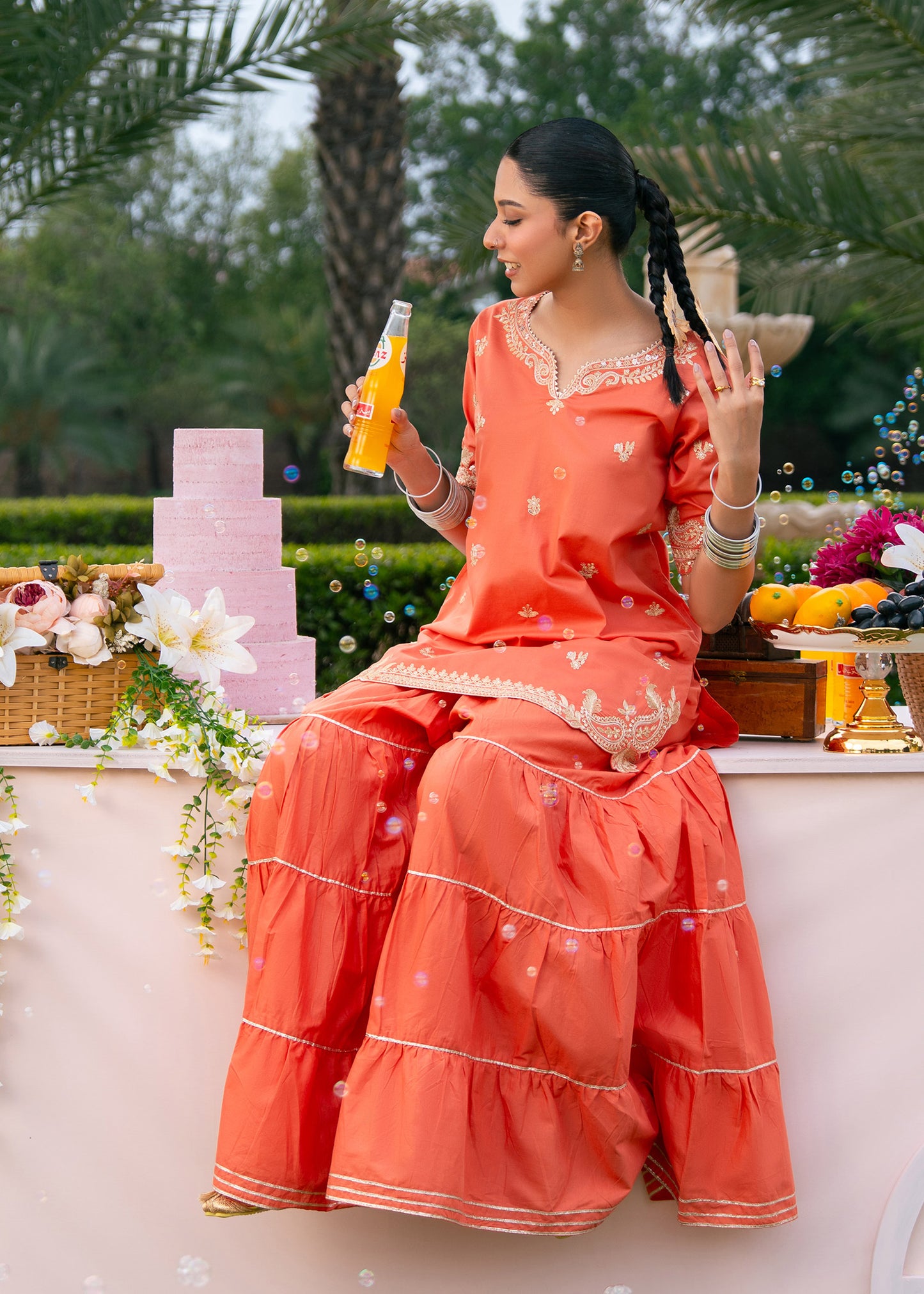 Coral Embroidered Sharara Suit