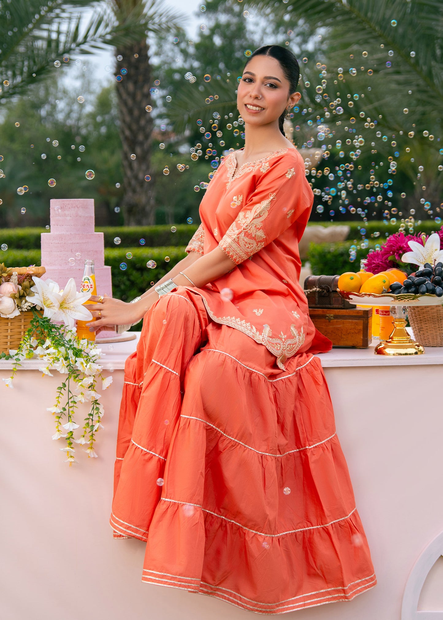 Coral Embroidered Sharara Suit
