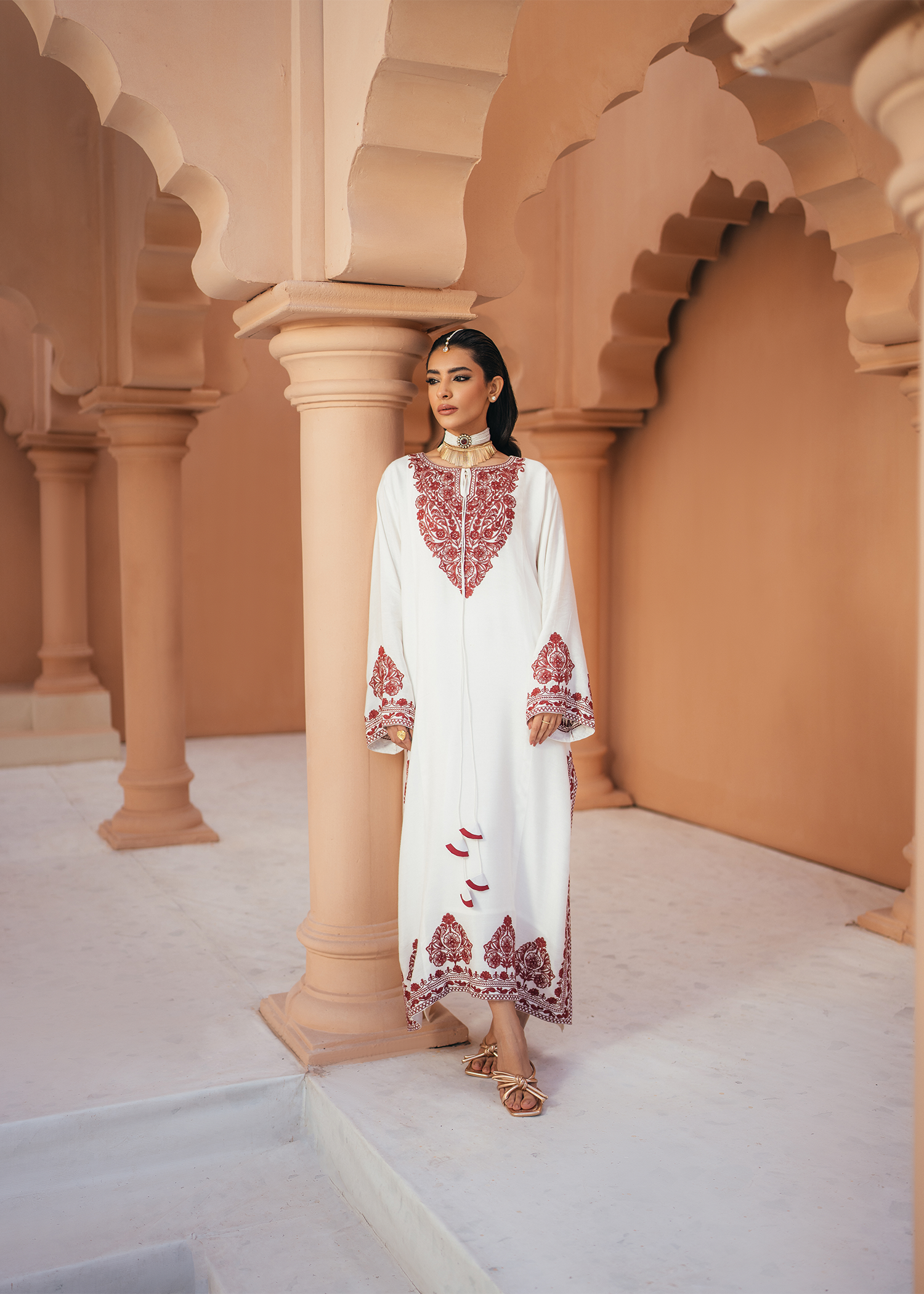 White Cotton Net Kaftan