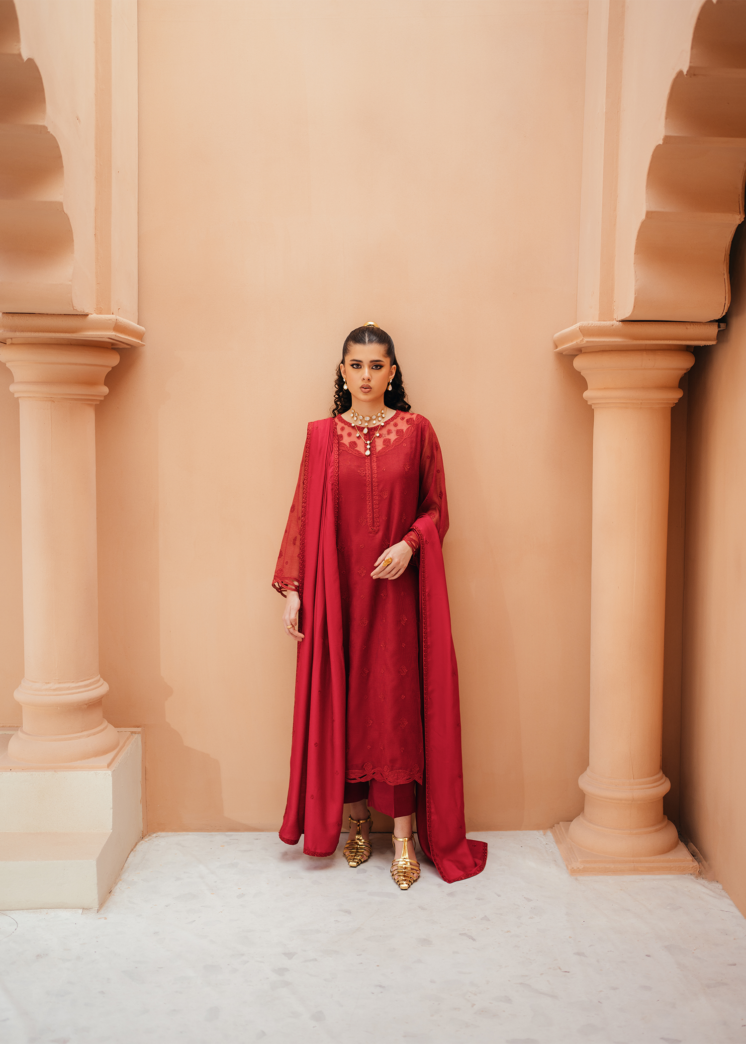 Red Khaddi Net Suit