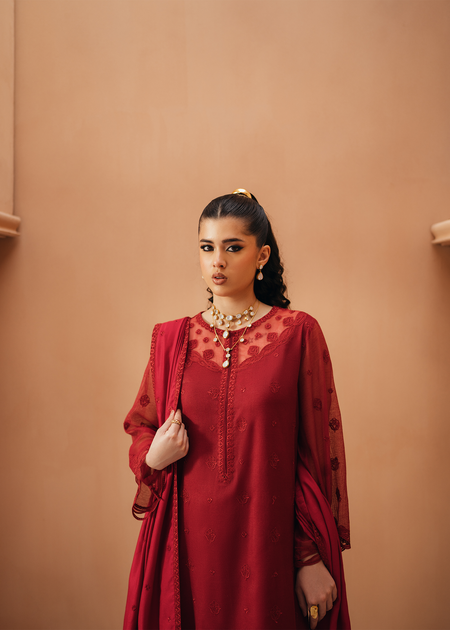 Red Khaddi Net Suit