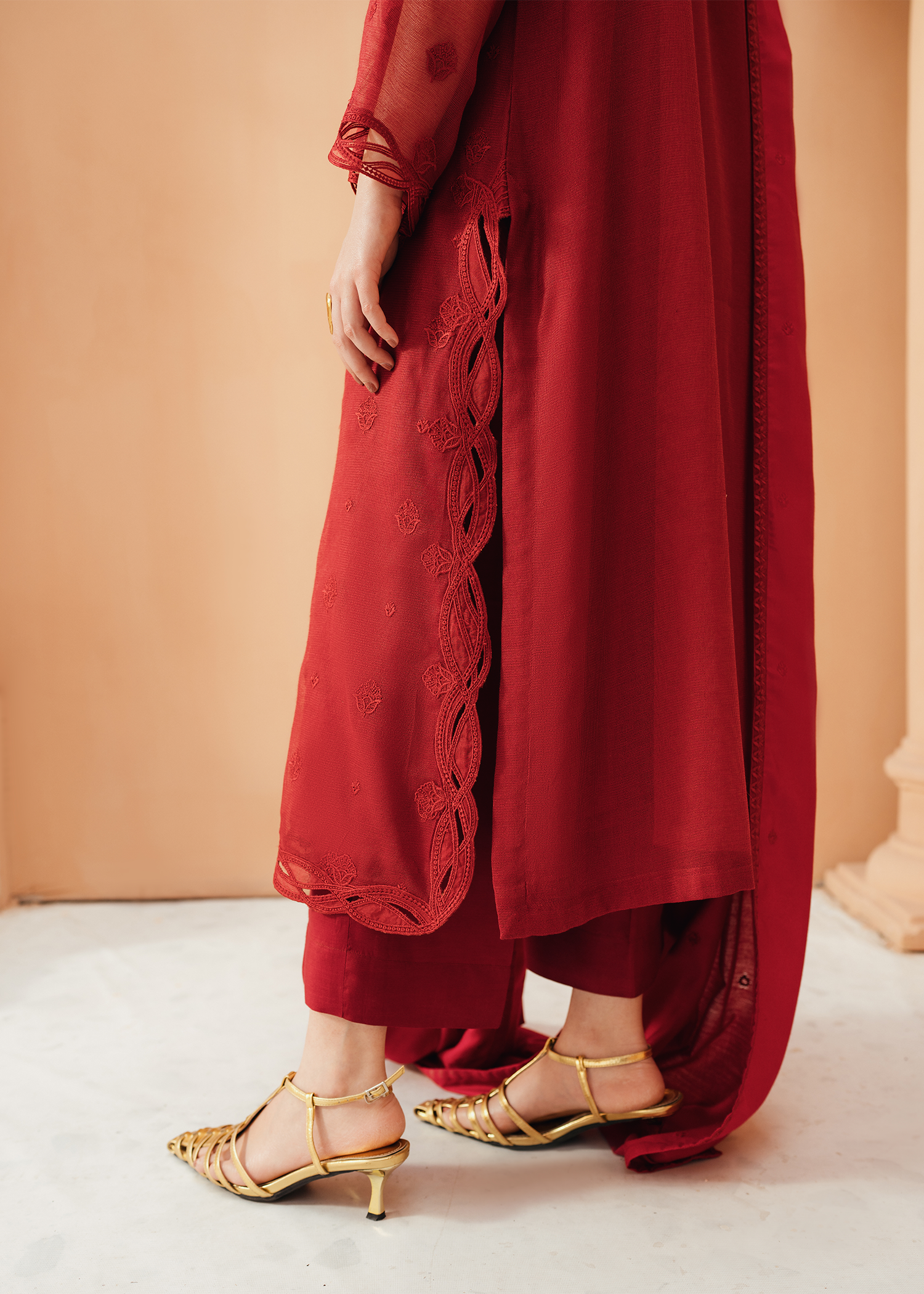 Red Khaddi Net Suit