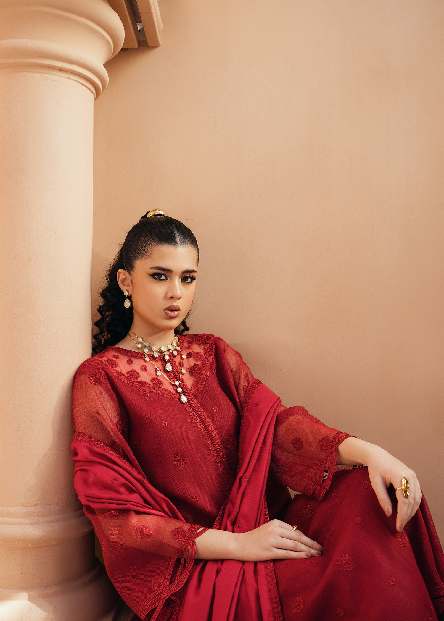 Red Khaddi Net Suit