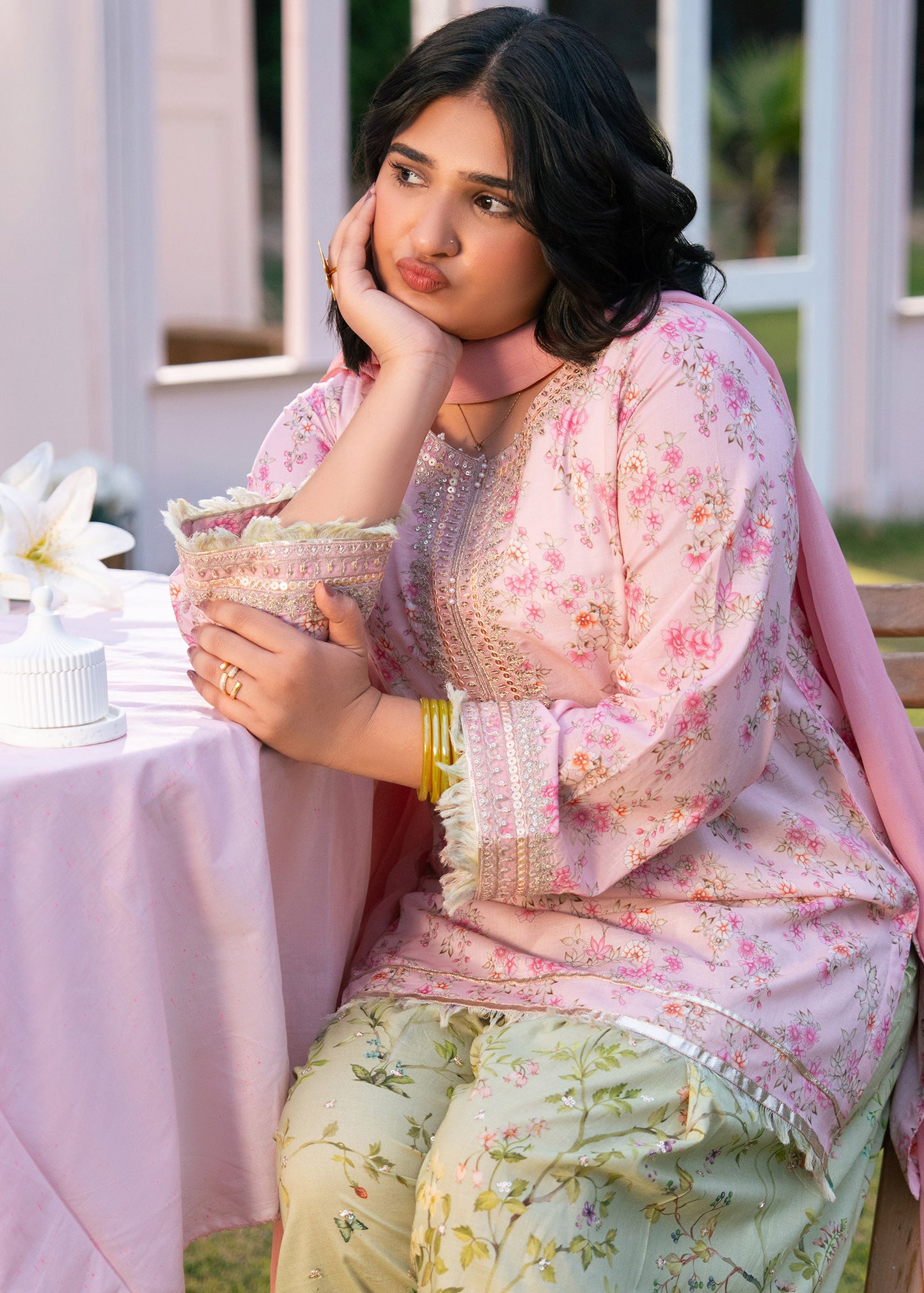 Baby Pink Printed Embroidered Suit